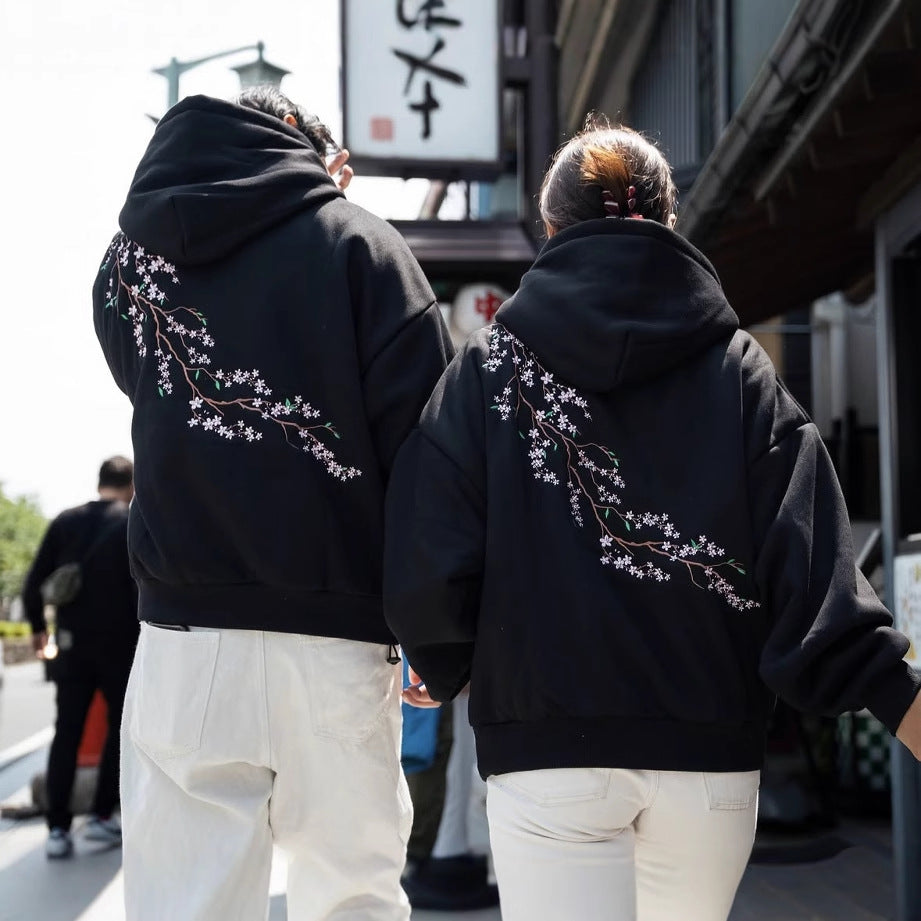 European And American Autumn And Winter Cherry Blossom Hooded Sweater Men And Women Street Hip Hop Retro