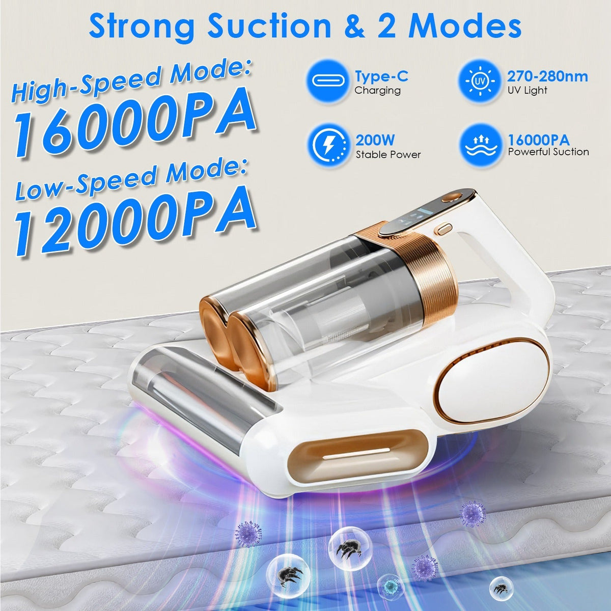 16KPa Mattress Vacuum – Handheld UVC Cleaner with Dual Dust Bins & Washable Filter