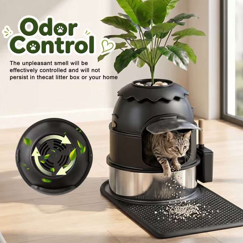Large Decorative Hidden Stainless Steel Cat Litter Box with Artificial Plants