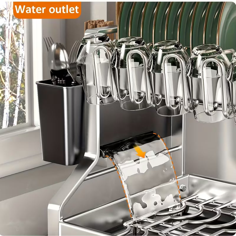 2-Tier Stainless Steel Rust-Resistant Dish Drying Rack with Drainboard