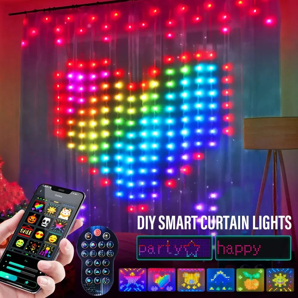 Luces de cortina LED RGB inteligentes, control por aplicación Bluetooth, guirnalda de luces de hadas de Navidad, exhibición de imágenes DIY, decoración para fiestas y bodas