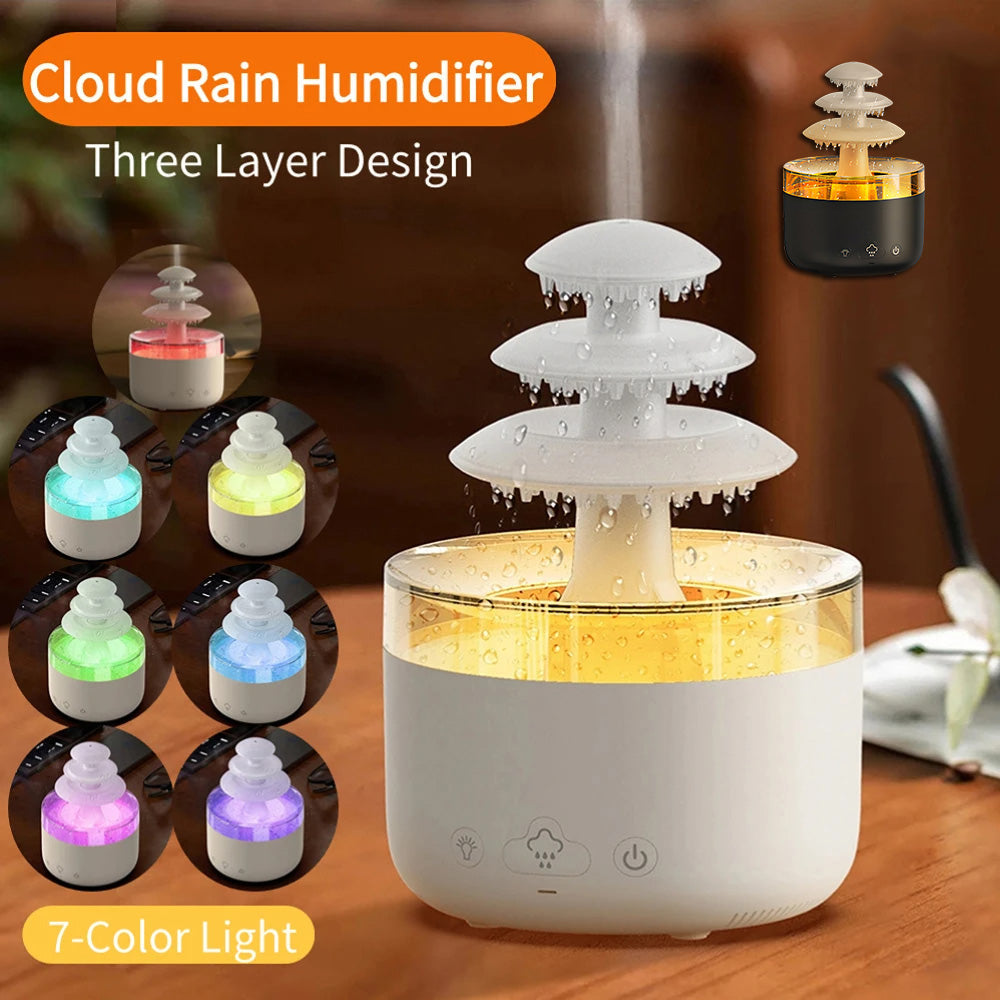 Nuevo humidificador de aire de lluvia en nube, difusor de aromaterapia con aceites esenciales, humidificador de aire de niebla silencioso USB con luz de colores