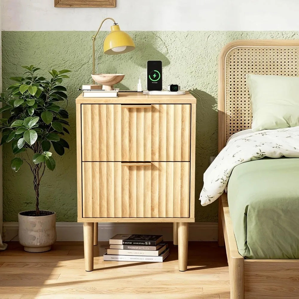 Night Stand with Charging Station & Led Light, 19" W Fluted Nightstand Round Edge, Wood Nightstand Mid Century Modern End Table,