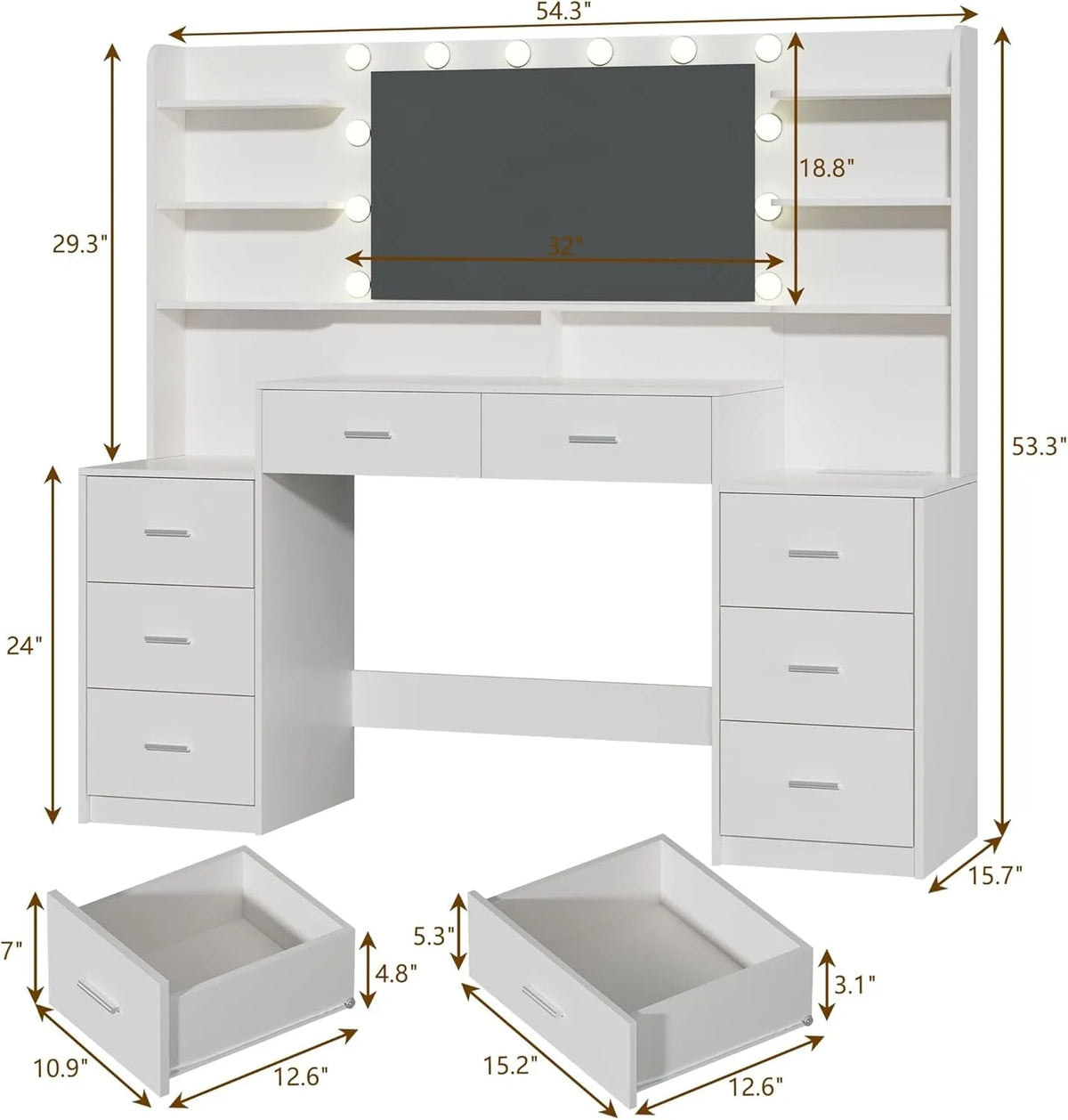 Large Vanity Desk with Mirror， White Makeup Vanity with 8 Drawers & 6 Storage Shelves, Vanity Set