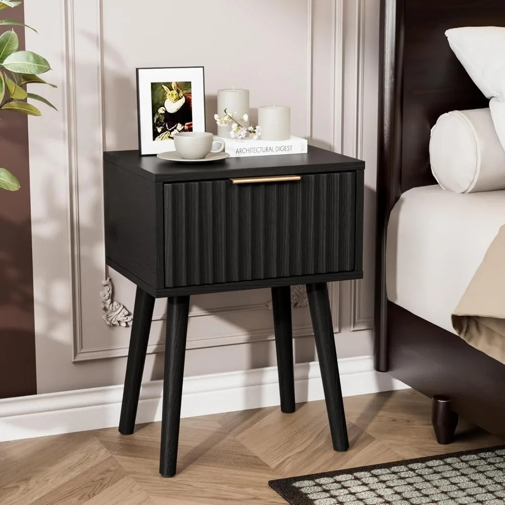 Night Stand with Charging Station & Led Light, 19" W Fluted Nightstand Round Edge, Wood Nightstand Mid Century Modern End Table,