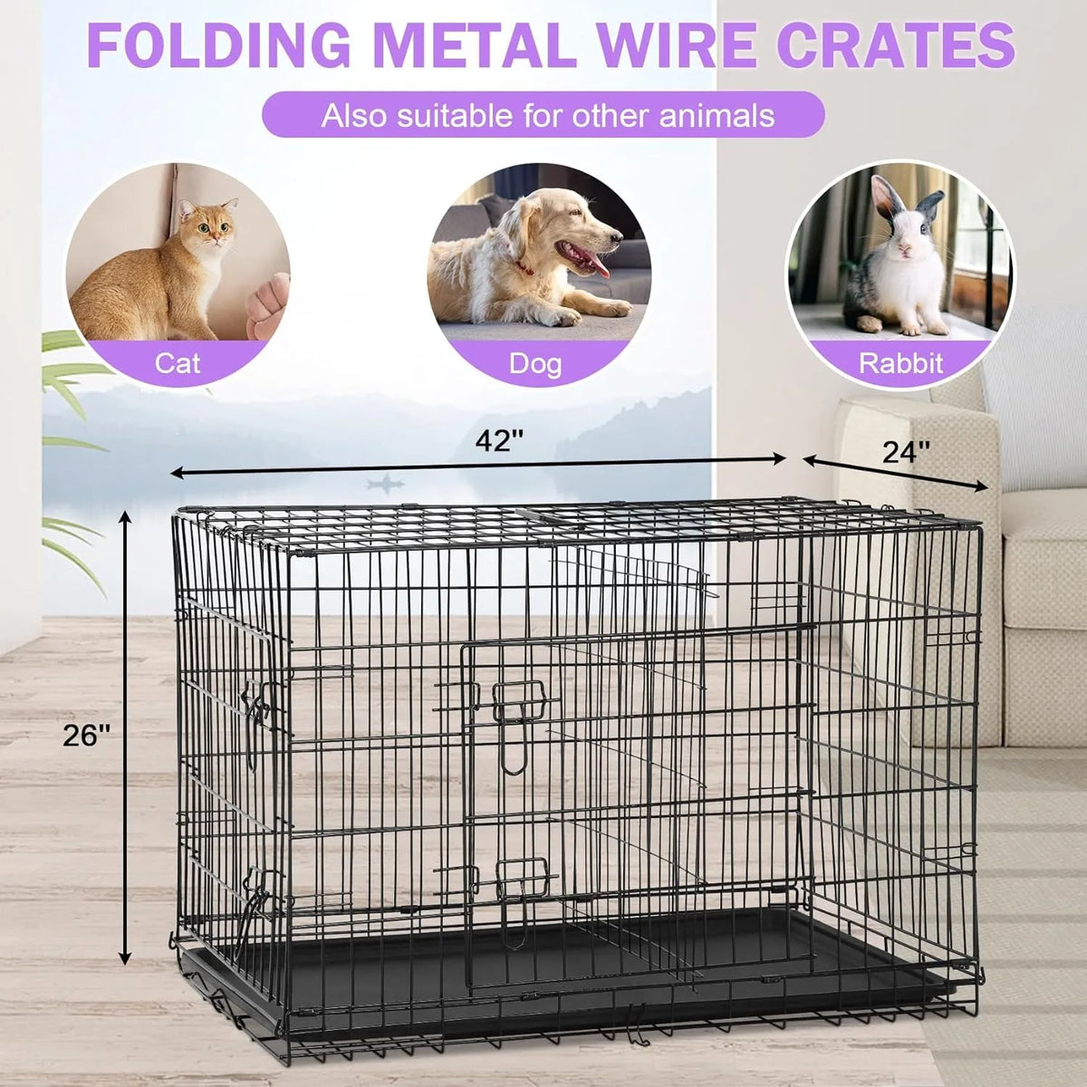 Jaula para Perros de 42 Pulgadas, Jaula Metálica Plegable de Doble Puerta para Perros con Divisor y Bandeja, Jaula para Mascotas Grandes, Medianas y Pequeñas, L