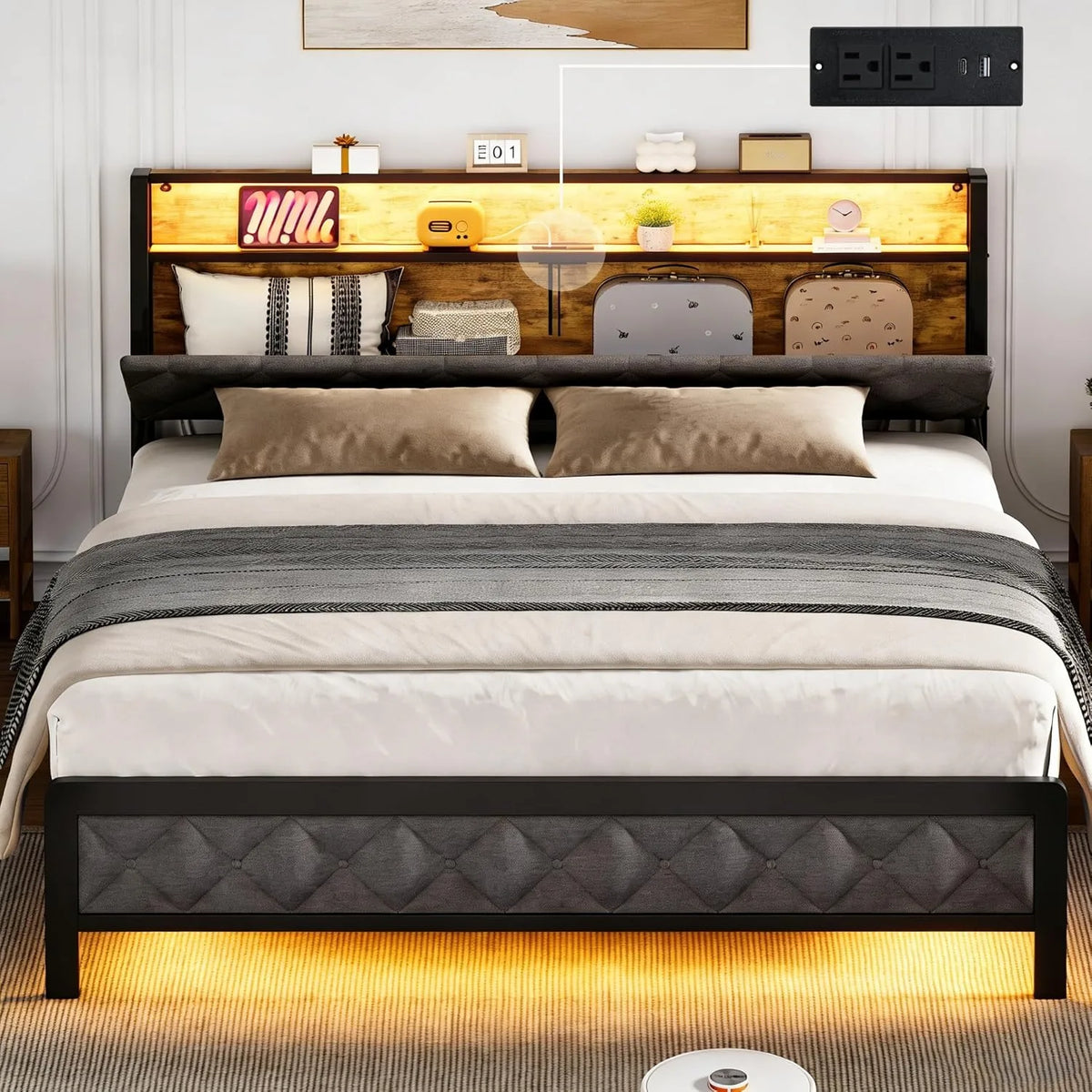 Base de cama tamaño queen con cabecera de almacenamiento y estación de carga, base de cama tapizada tamaño queen con luces LED, cama tipo plataforma