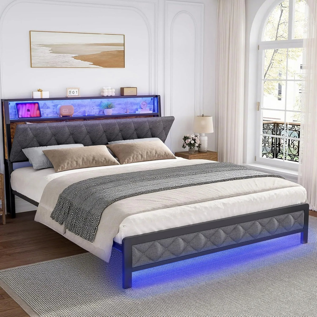 Base de cama tamaño queen con cabecera de almacenamiento y estación de carga, base de cama tapizada tamaño queen con luces LED, cama tipo plataforma