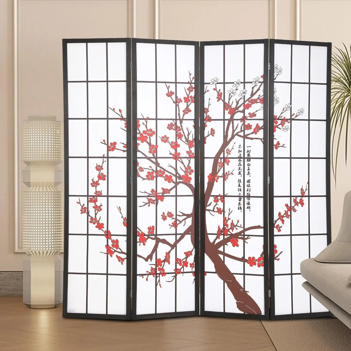 Divisor de privacidad plegable de 6 pies, 4 paneles, biombo japonés Shoji, divisor de pared de madera, tabique portátil e independiente