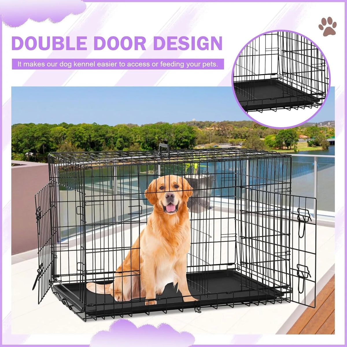 Jaula para Perros de 42 Pulgadas, Jaula Metálica Plegable de Doble Puerta para Perros con Divisor y Bandeja, Jaula para Mascotas Grandes, Medianas y Pequeñas, L