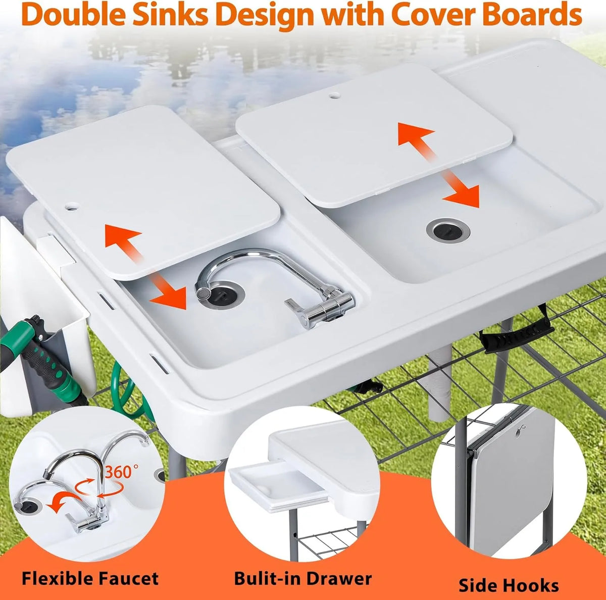 Fish Cleaning Table with Sink, 42.4" Width Portable Folding Camping Table, Outdoor Fish Cleaning Station with Grid Rack and
