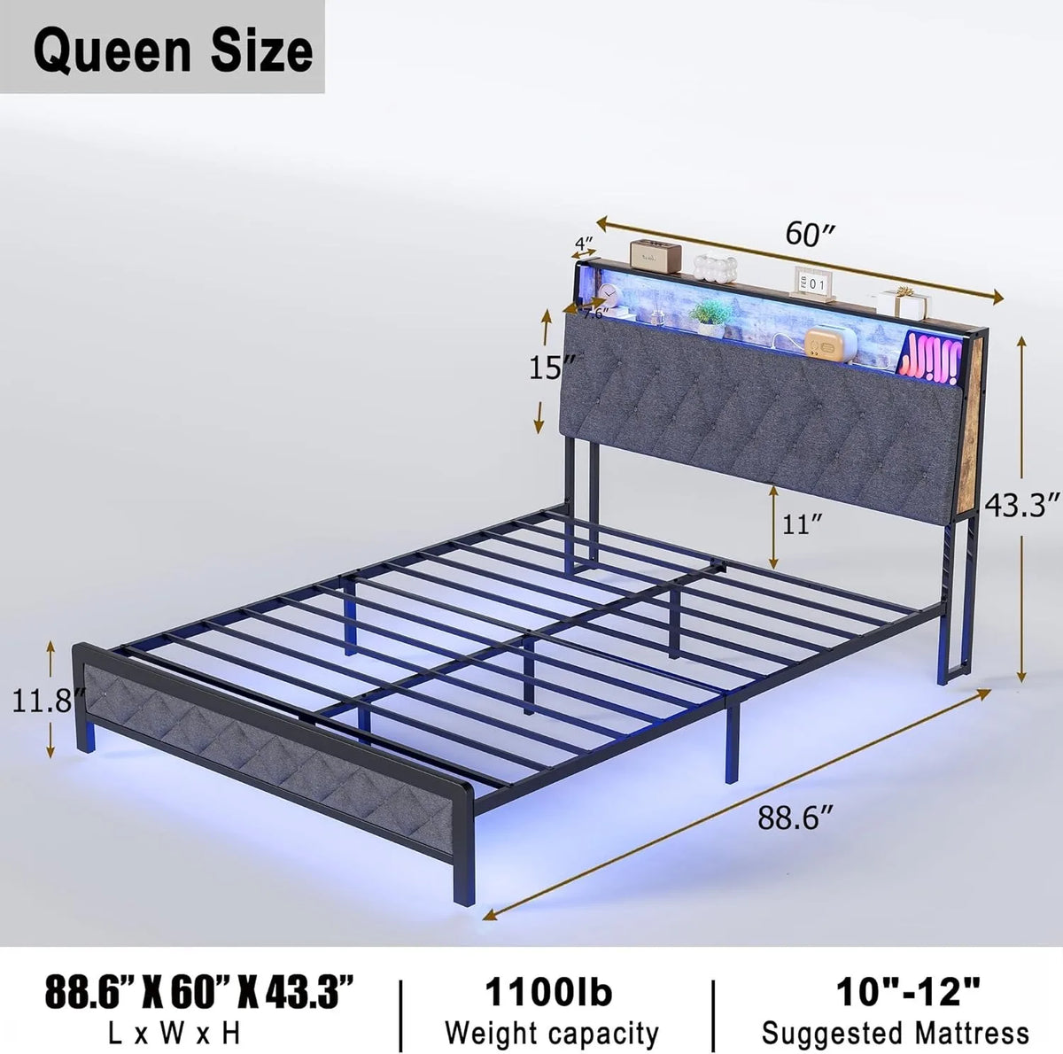 Base de cama tamaño queen con cabecera de almacenamiento y estación de carga, base de cama tapizada tamaño queen con luces LED, cama tipo plataforma