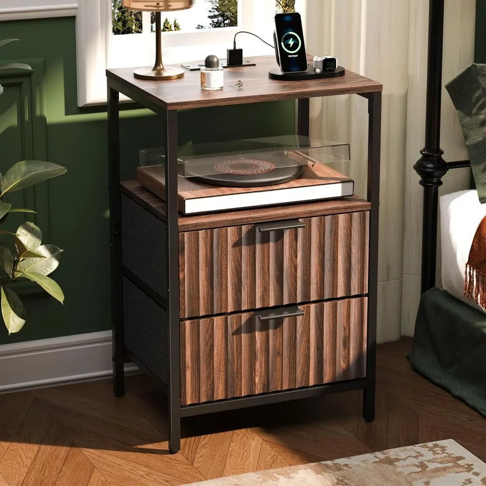 Night Stand with Charging Station & Led Light, 19" W Fluted Nightstand Round Edge, Wood Nightstand Mid Century Modern End Table,
