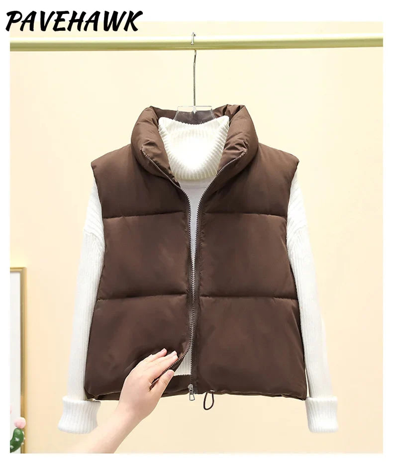 Women Short Cotton Down Vest Sleeveless Warm Stand Up Collar Outerwear Casual Winter Loose Basic Thick Jacket Female Clothes