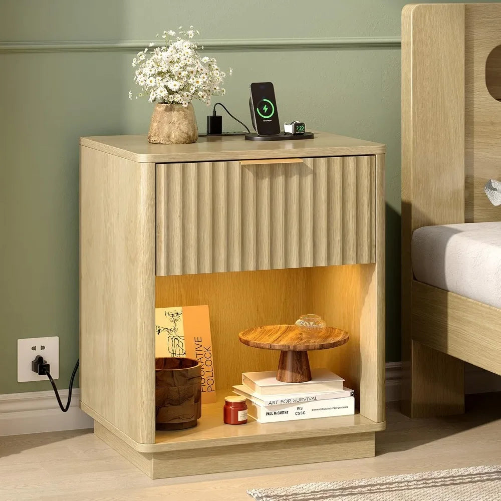 Night Stand with Charging Station & Led Light, 19" W Fluted Nightstand Round Edge, Wood Nightstand Mid Century Modern End Table,