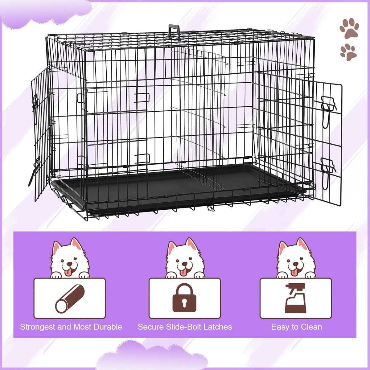Jaula para Perros de 42 Pulgadas, Jaula Metálica Plegable de Doble Puerta para Perros con Divisor y Bandeja, Jaula para Mascotas Grandes, Medianas y Pequeñas, L