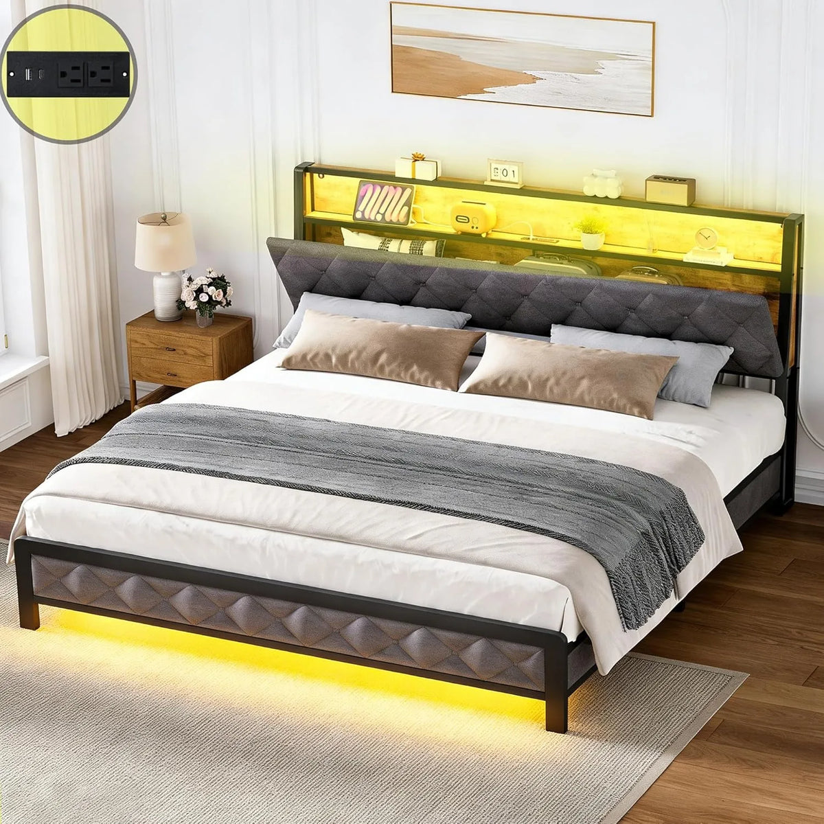 Base de cama tamaño queen con cabecera de almacenamiento y estación de carga, base de cama tapizada tamaño queen con luces LED, cama tipo plataforma
