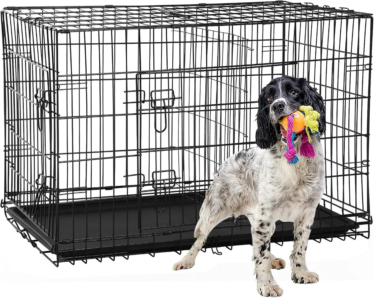 Jaula para Perros de 42 Pulgadas, Jaula Metálica Plegable de Doble Puerta para Perros con Divisor y Bandeja, Jaula para Mascotas Grandes, Medianas y Pequeñas, L