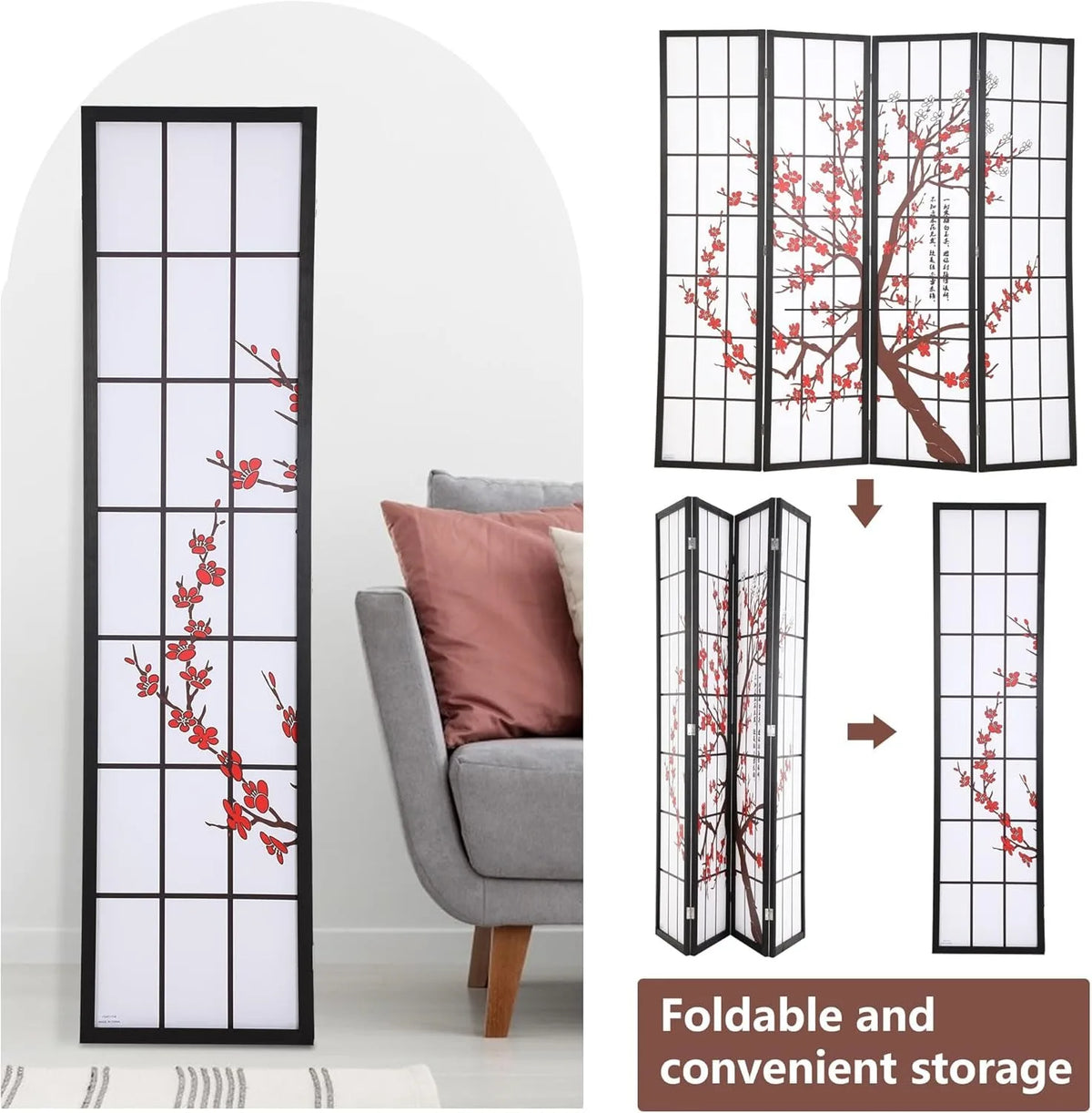 Divisor de privacidad plegable de 6 pies, 4 paneles, biombo japonés Shoji, divisor de pared de madera, tabique portátil e independiente