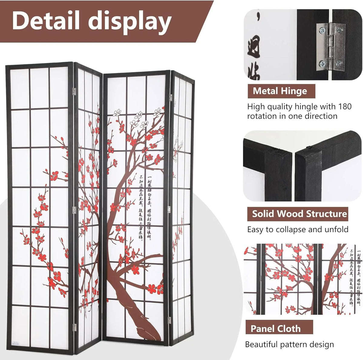 Divisor de privacidad plegable de 6 pies, 4 paneles, biombo japonés Shoji, divisor de pared de madera, tabique portátil e independiente
