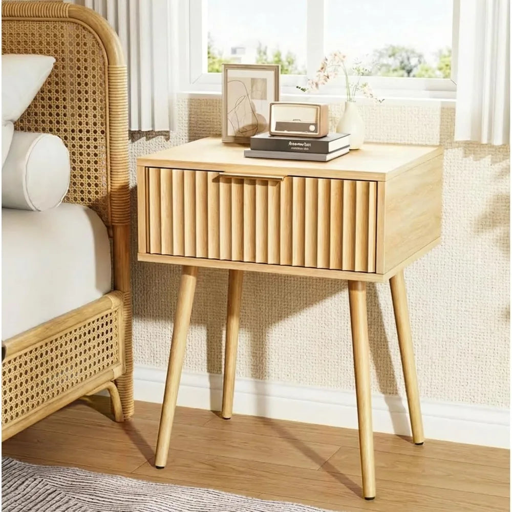 Night Stand with Charging Station & Led Light, 19" W Fluted Nightstand Round Edge, Wood Nightstand Mid Century Modern End Table,