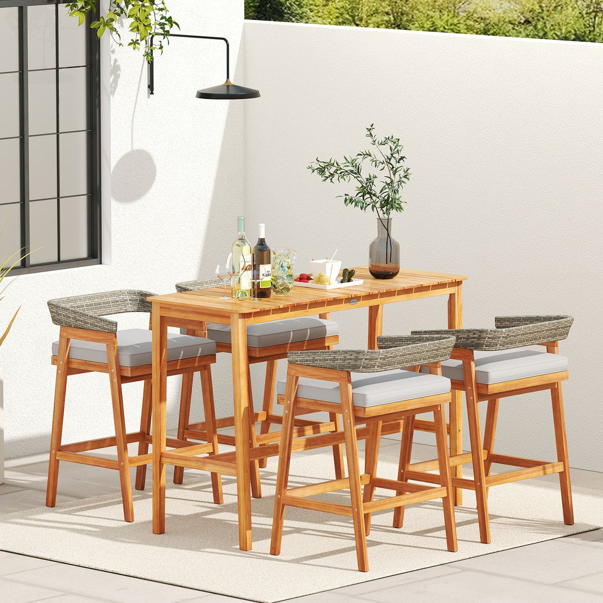 Acacia Wood Counter Height Table with Slatted Tabletop and Footrest Crossbar