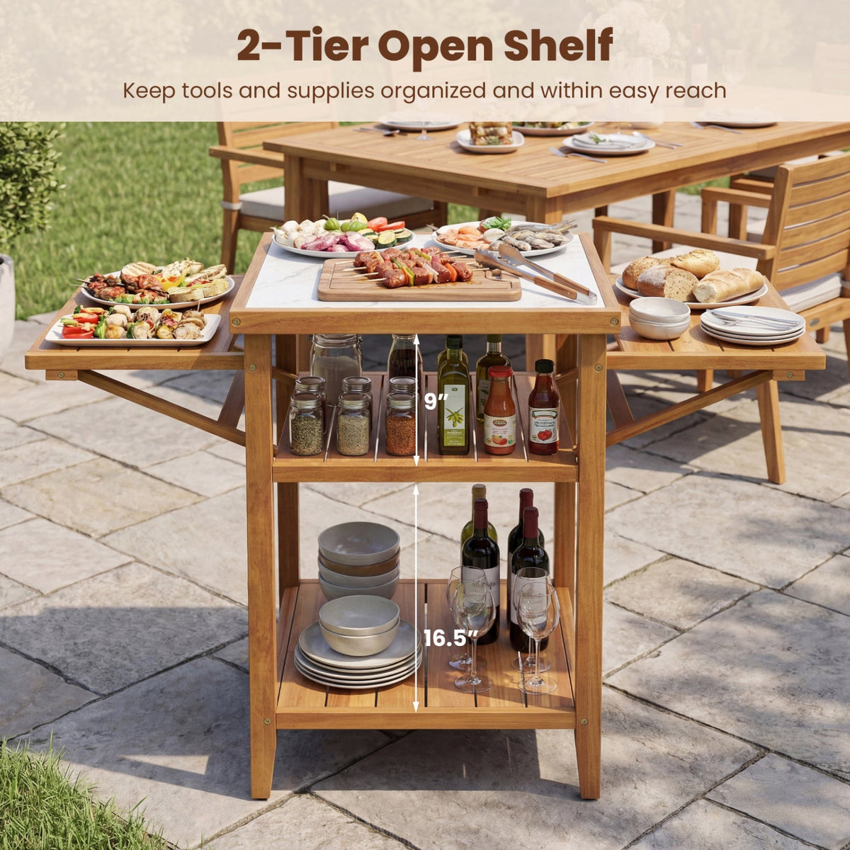 Mesa de parrilla para exteriores de madera de acacia con cubierta de mármol sintético y paneles laterales abatibles