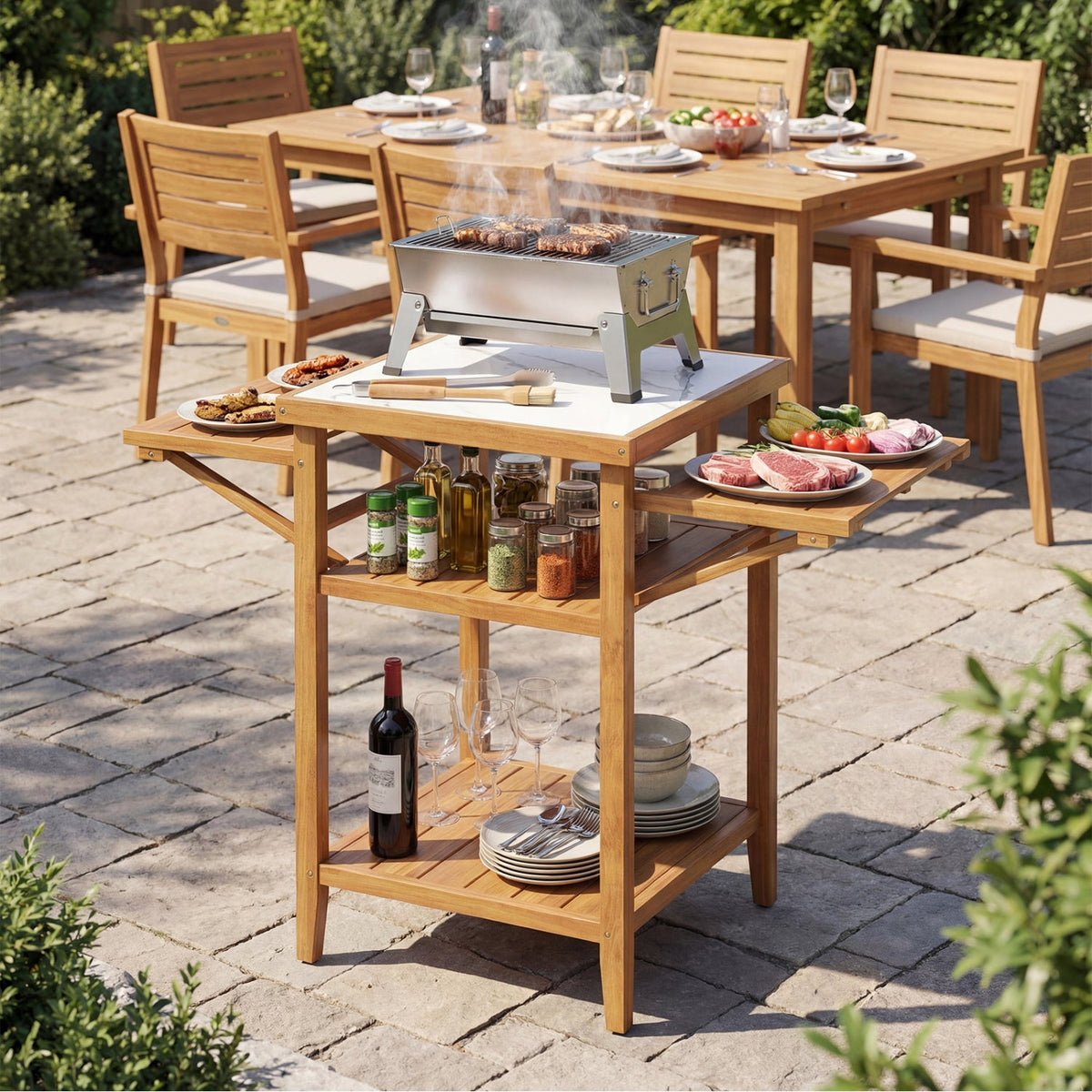 Mesa de parrilla para exteriores de madera de acacia con cubierta de mármol sintético y paneles laterales abatibles