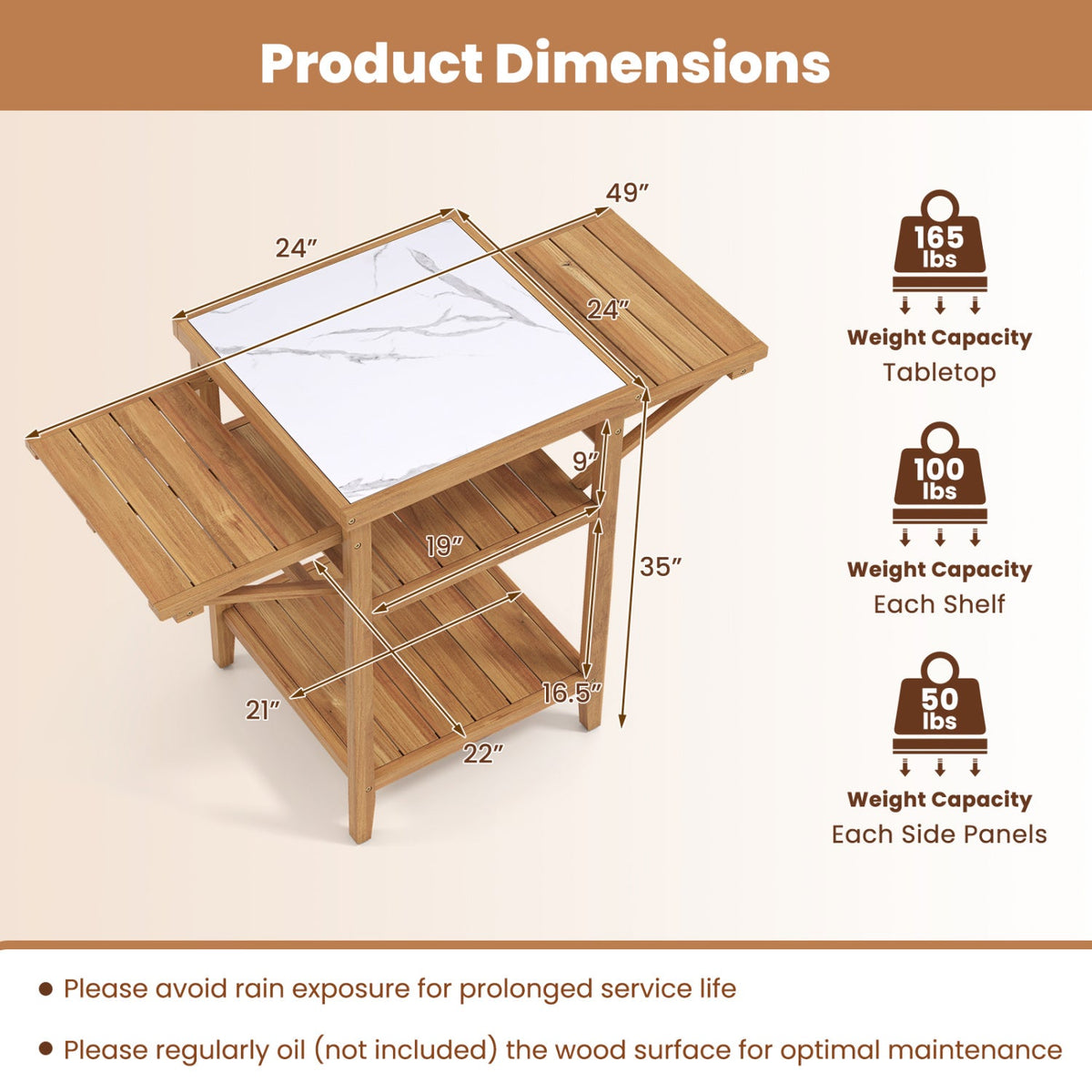 Mesa de parrilla para exteriores de madera de acacia con cubierta de mármol sintético y paneles laterales abatibles