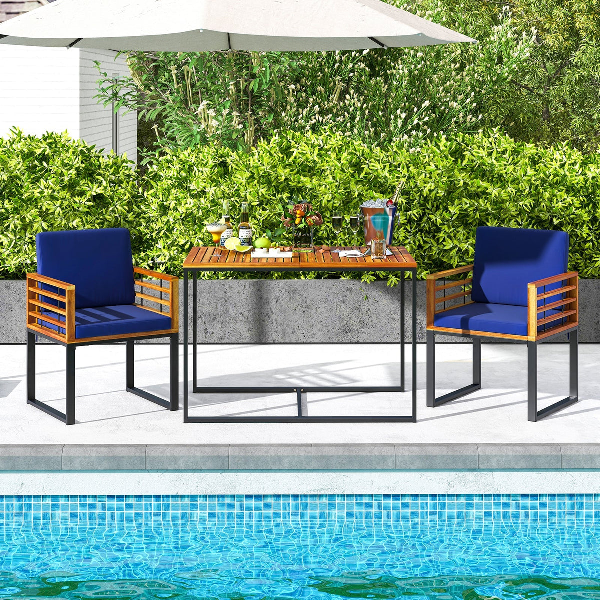 Acacia Wood Patio Dining Table with Metal Frame-Navy