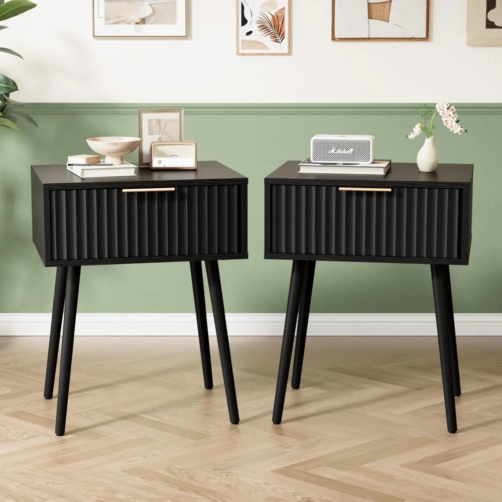 Night Stand with Charging Station & Led Light, 19" W Fluted Nightstand Round Edge, Wood Nightstand Mid Century Modern End Table,