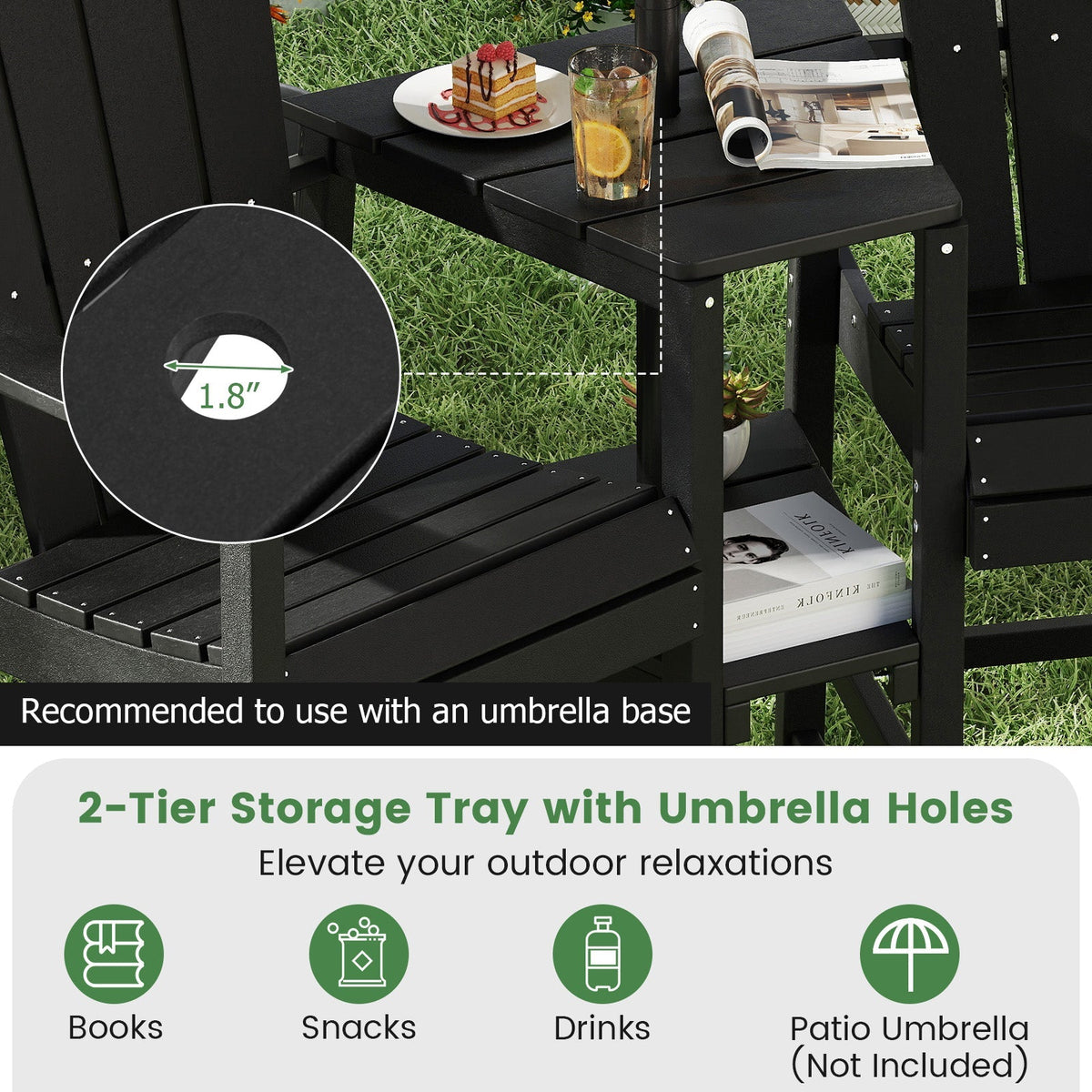2-Seat Adirondack Chair All-Weather Adirondack Chair with Double Connecting Tray