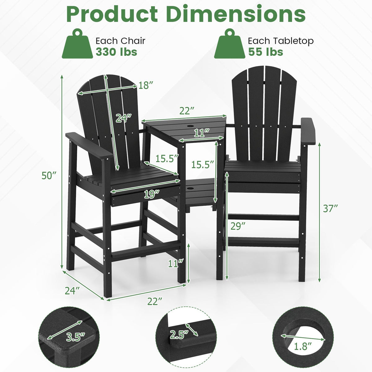 2-Seat Adirondack Chair All-Weather Adirondack Chair with Double Connecting Tray