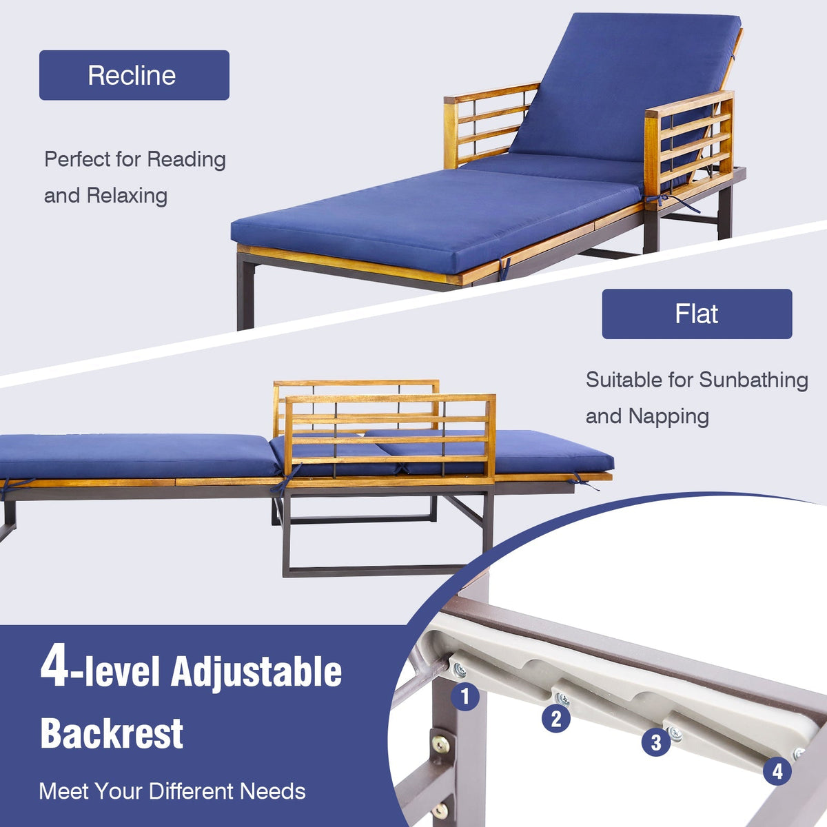 Adjustable Cushioned Patio Chaise Lounge Chair with 4-Level Backrest-Navy
