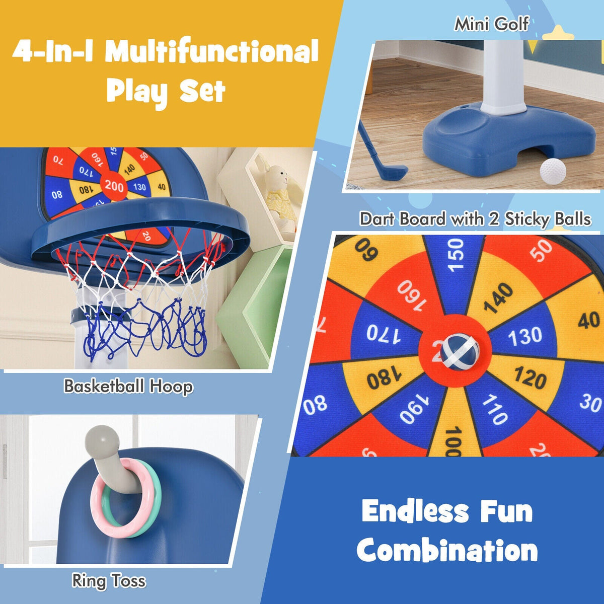 4-In-1 Adjustable Kids Basketball Hoop with Ring Toss Sticky Ball