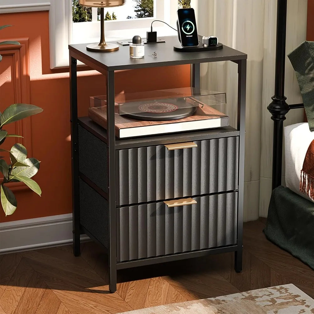 Night Stand with Charging Station & Led Light, 19" W Fluted Nightstand Round Edge, Wood Nightstand Mid Century Modern End Table,