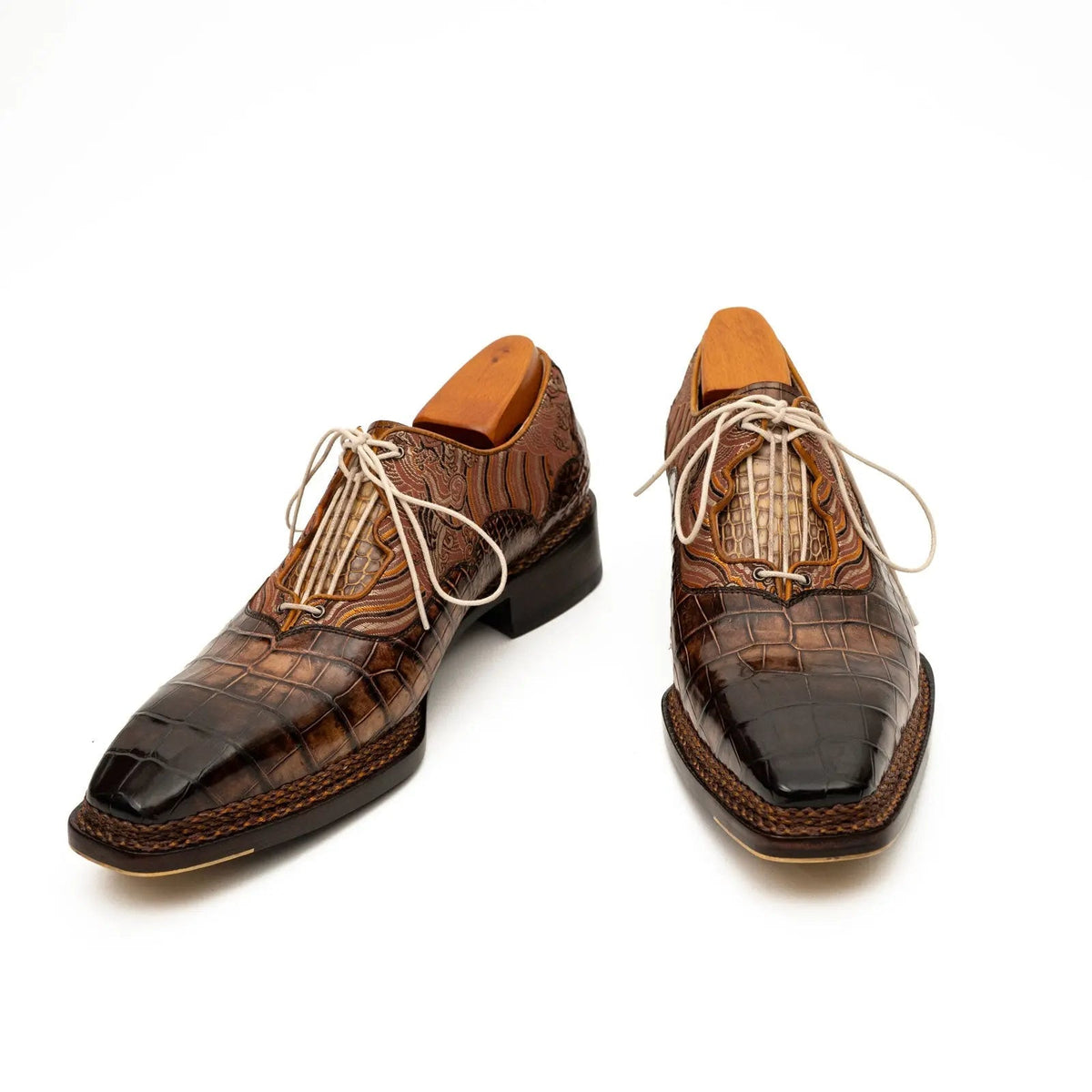 Brown Alligator & Jacquard Ghillie Oxford Shoes