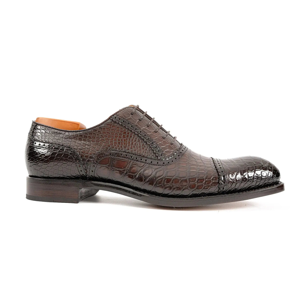 Dark Brown Crocodile Leather Cap-Toe Oxford Shoes