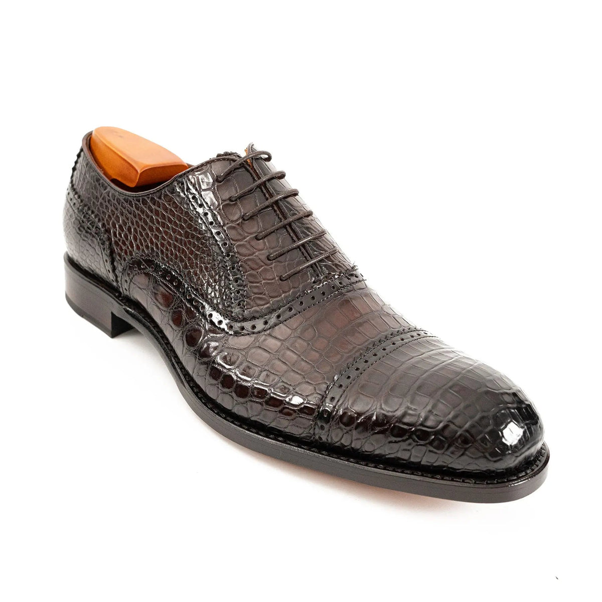 Dark Brown Crocodile Leather Cap-Toe Oxford Shoes