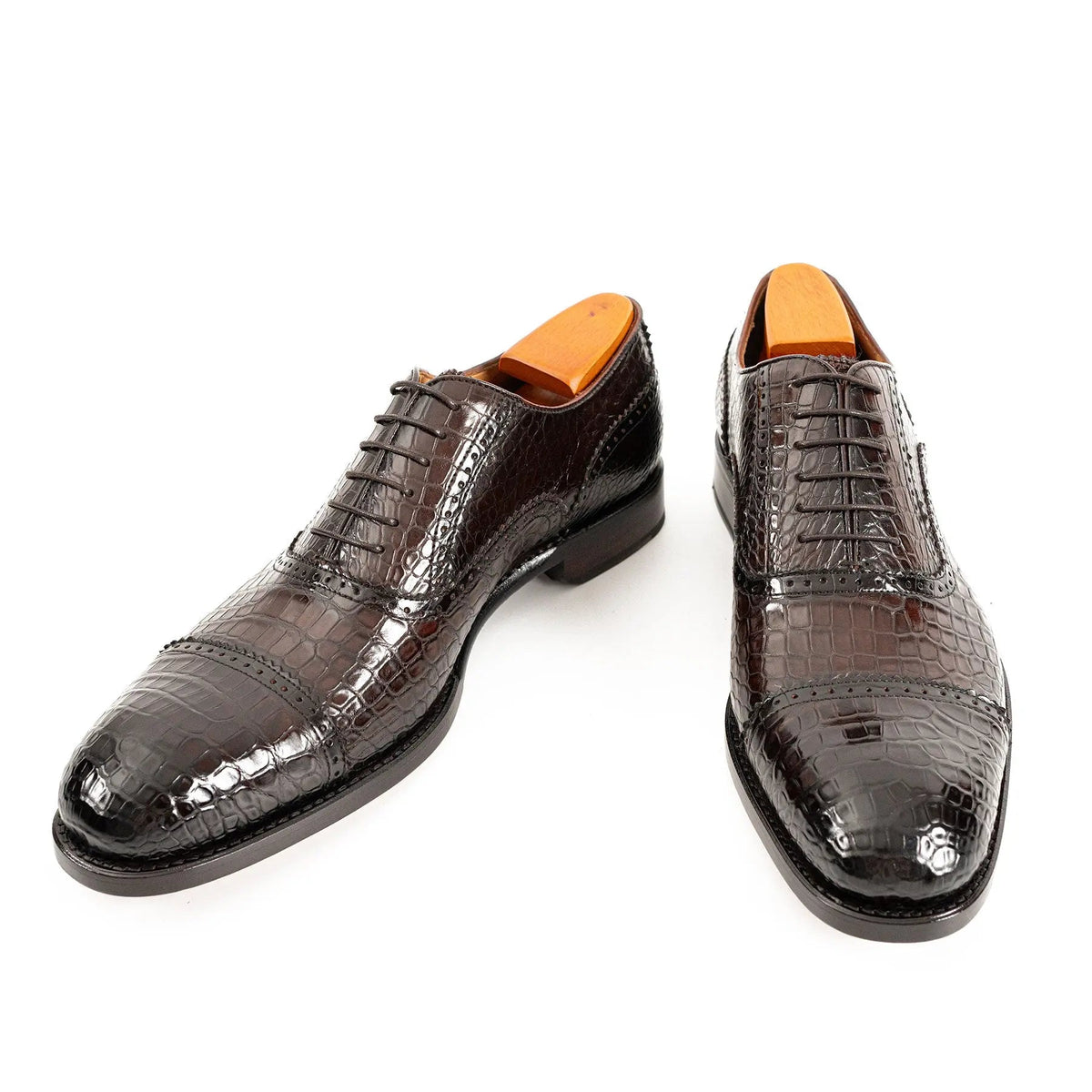 Dark Brown Crocodile Leather Cap-Toe Oxford Shoes