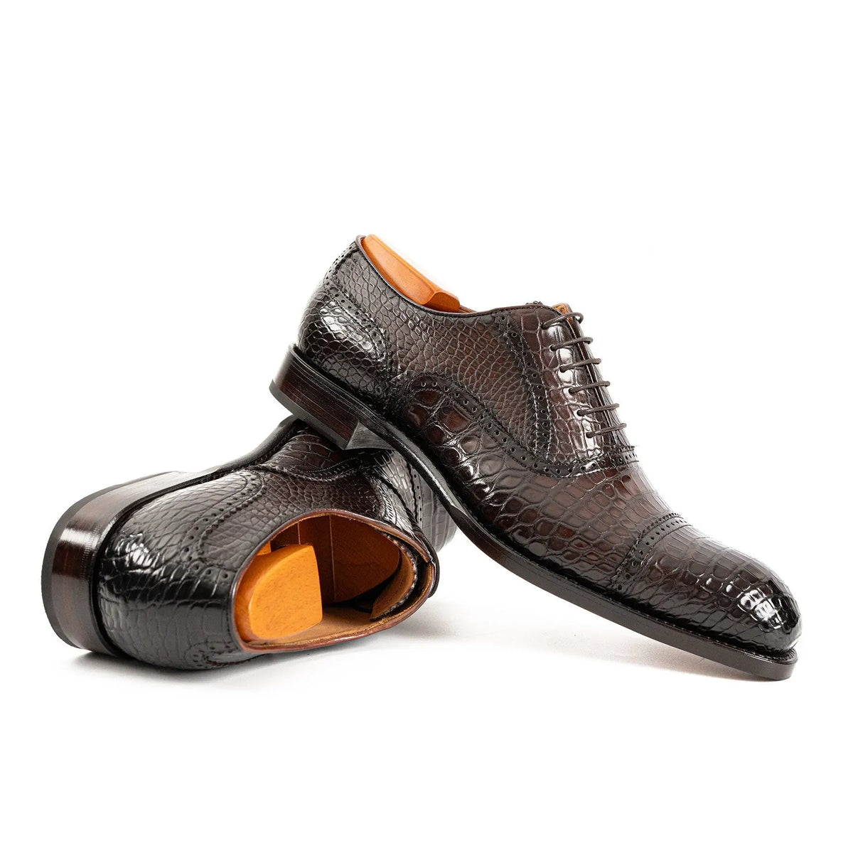 Dark Brown Crocodile Leather Cap-Toe Oxford Shoes