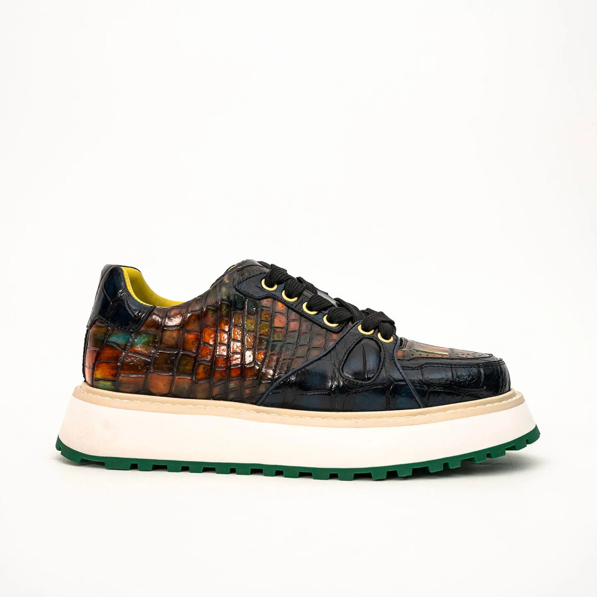 Amber and Navy Crocodile Leather Platform Sneakers