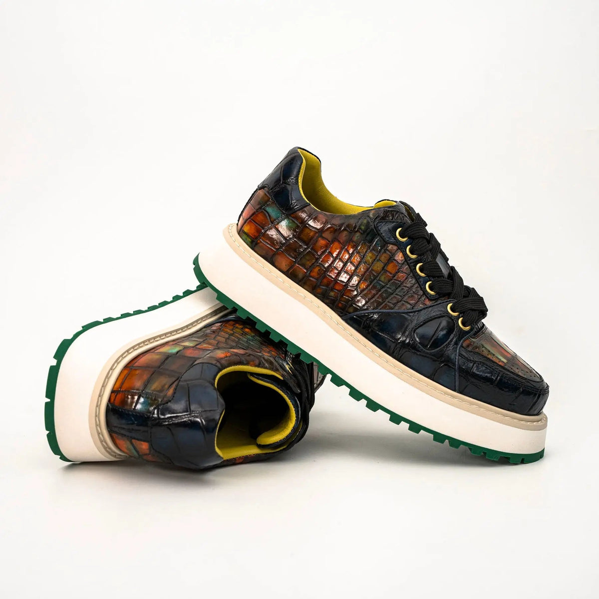 Amber and Navy Crocodile Leather Platform Sneakers