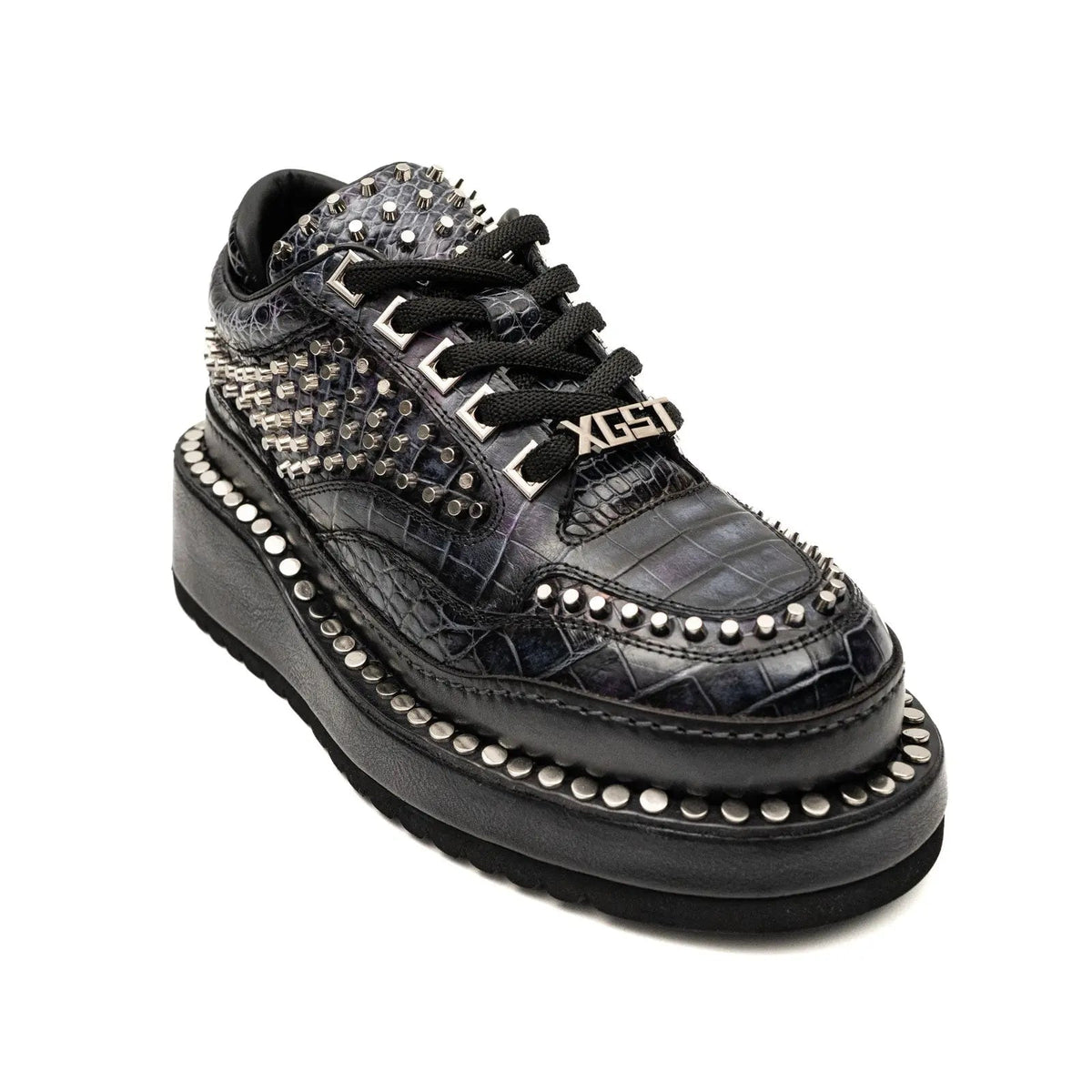 Black Studded Crocodile Leather Platform Sneakers