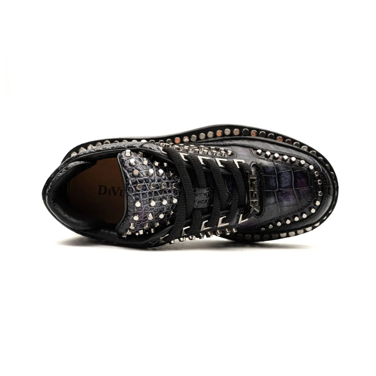 Black Studded Crocodile Leather Platform Sneakers