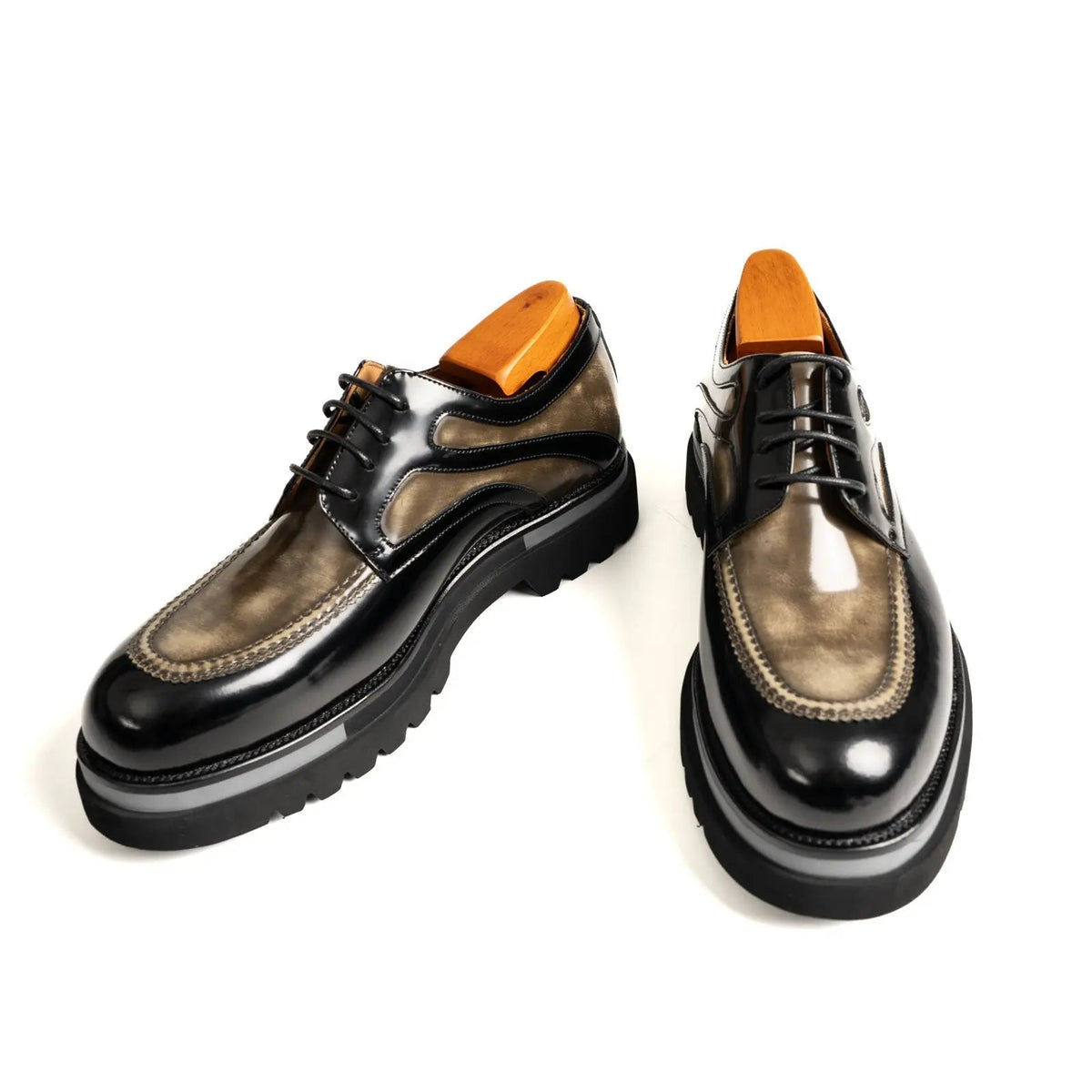 Black and Bronze Calf Leather Moc-Toe Derby Shoes