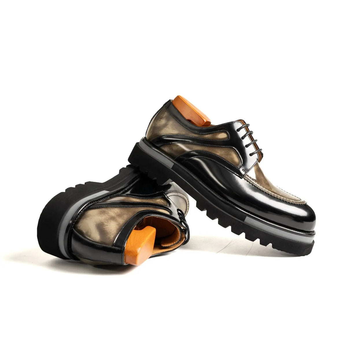 Black and Bronze Calf Leather Moc-Toe Derby Shoes