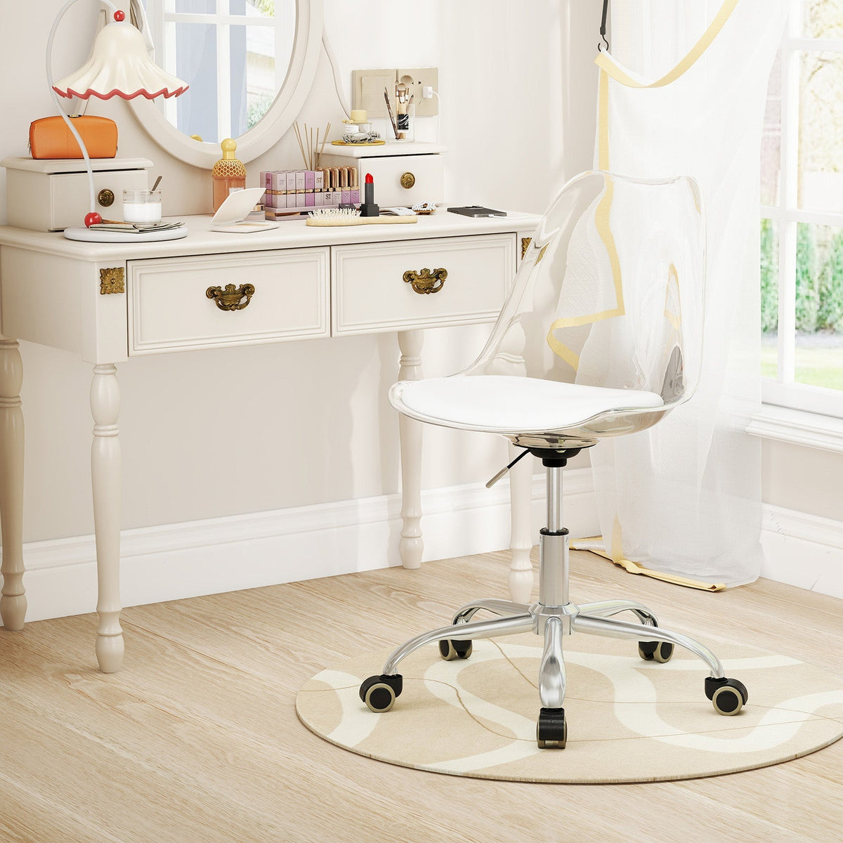 Armless Rolling Office Chair with Swivel Seat and PU Leather Cushion-Clear