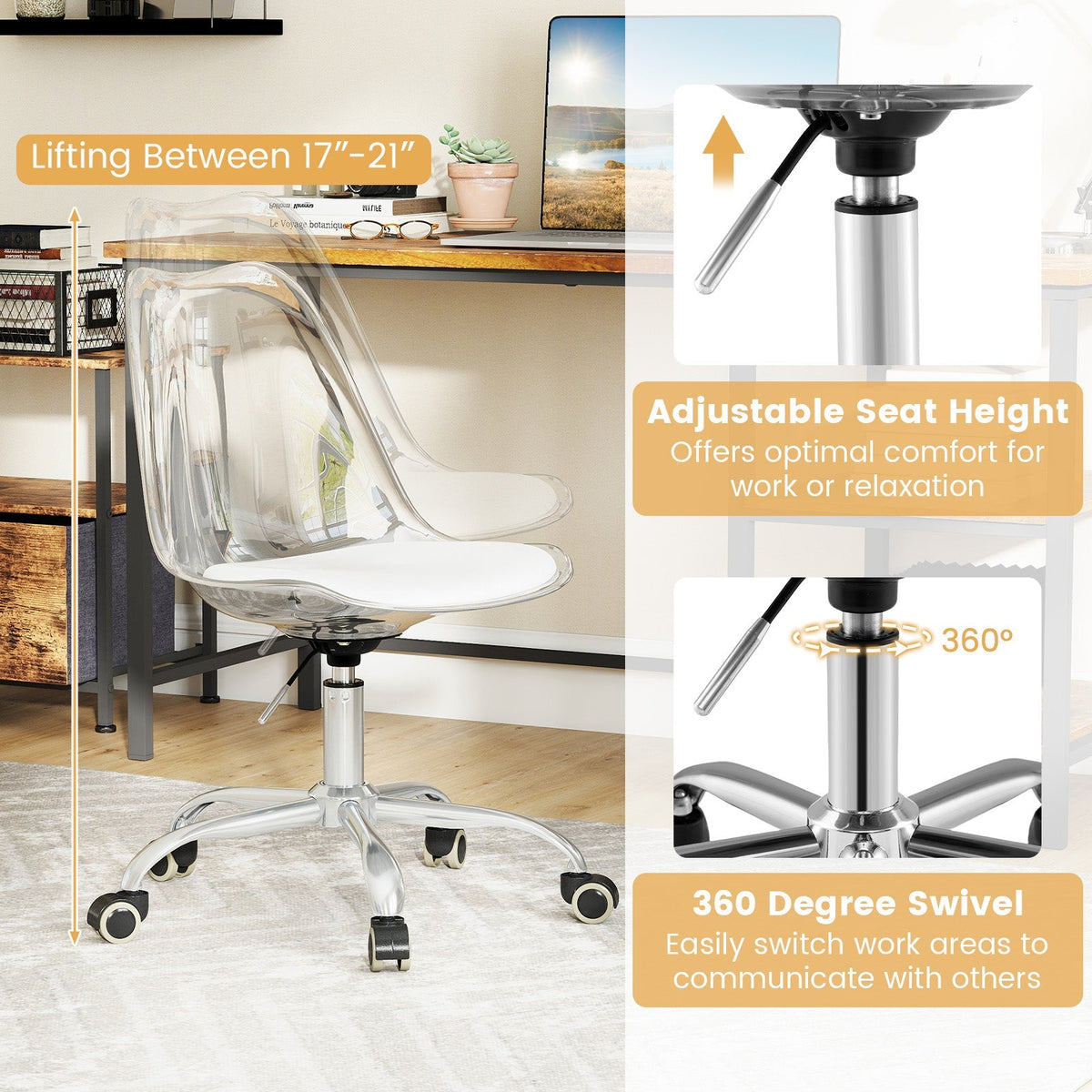 Armless Rolling Office Chair with Swivel Seat and PU Leather Cushion-Clear
