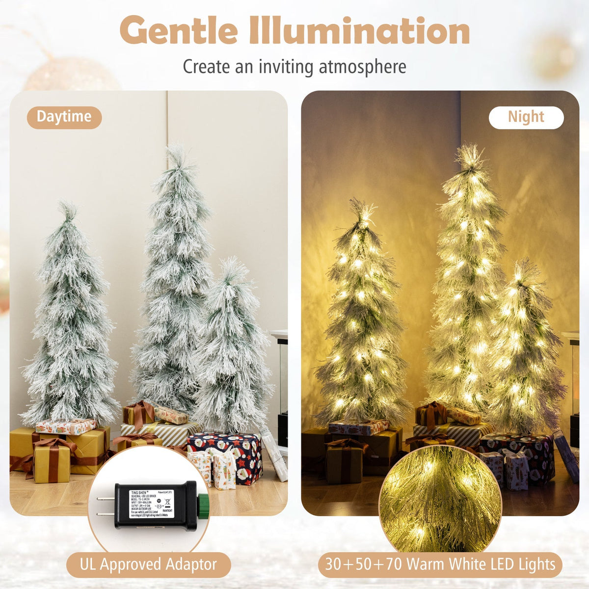 Artificial Christmas Tree Set of 3 with Snow-flocked Branch Tips and LED Lights